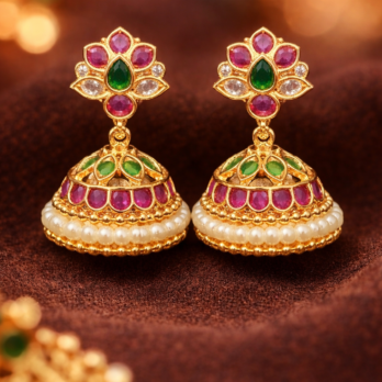 Gold-Finish Floral Kundan Jhumka Earrings with Green & Ruby Stones