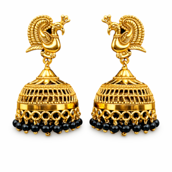 Traditional Peacock Gold & Black Beads Jhumka Earrings