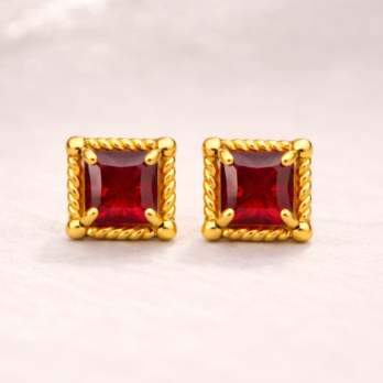 Red Stone Stud Earrings with Gold Edge