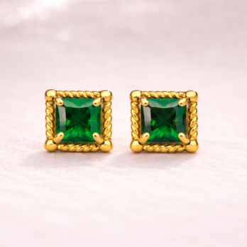 Green Stone Stud Earrings with Gold Edge